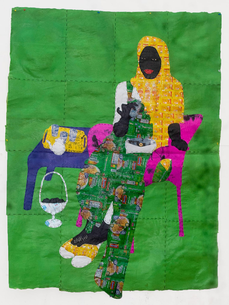 “ZAKIYA” THE ATAAYA GIRLFRIEND , 2021 Técnica mixta con bolsas de plástico y envoltorios de comida 181 x 135 cm